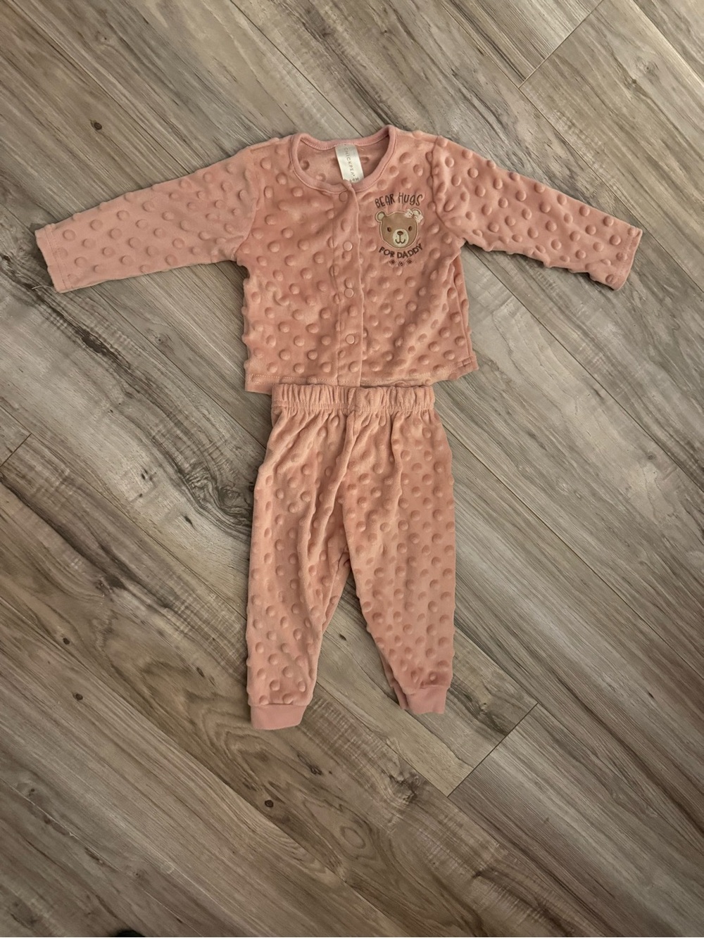 chick pea Peach Dotted Plush Kids Pajama Set with Bear Applique